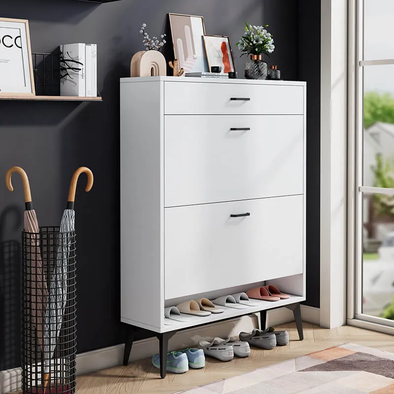 31.5" White Wooden Shoe Storage Cabinet with 2 Flip Drawers & Metal Legs