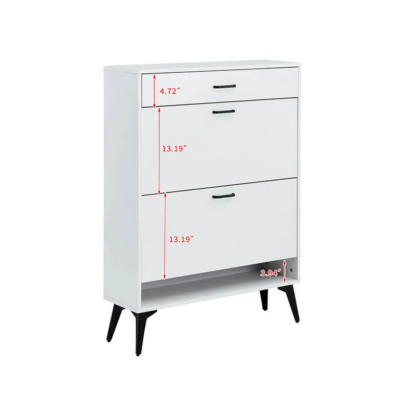 31.5" White Wooden Shoe Storage Cabinet with 2 Flip Drawers & Metal Legs