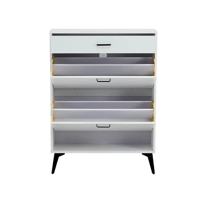 31.5" White Wooden Shoe Storage Cabinet with 2 Flip Drawers & Metal Legs