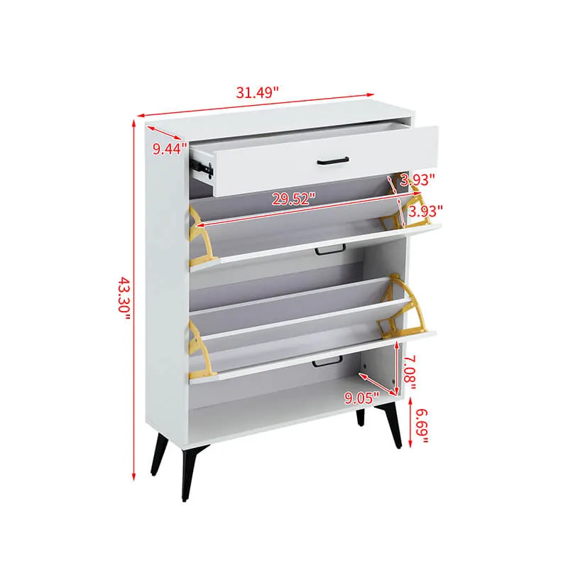 31.5" White Wooden Shoe Storage Cabinet with 2 Flip Drawers & Metal Legs