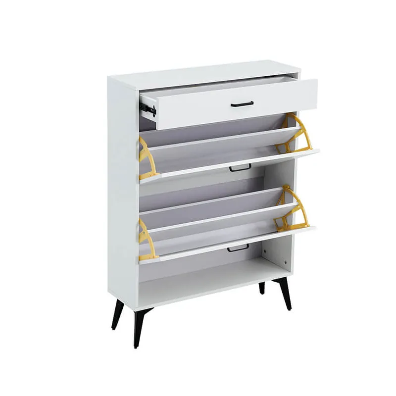 31.5" White Wooden Shoe Storage Cabinet with 2 Flip Drawers & Metal Legs