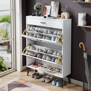 31.5" White Wooden Shoe Storage Cabinet with 2 Flip Drawers & Metal Legs