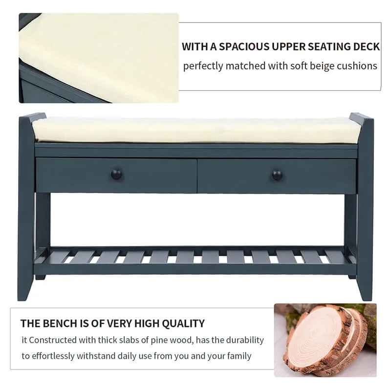 39" Entryway Antique Navy Storage Bench Shoe Rack with Cushioned Seat and 2 Drawers