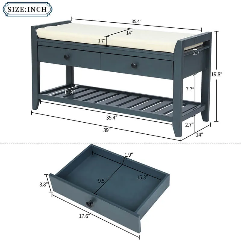 39" Entryway Antique Navy Storage Bench Shoe Rack with Cushioned Seat and 2 Drawers