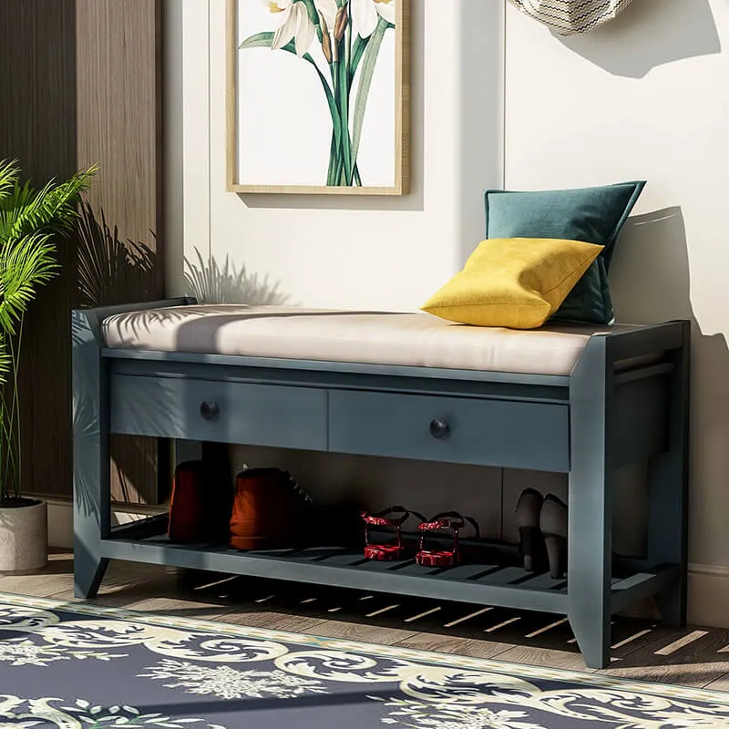 39" Entryway Antique Navy Storage Bench Shoe Rack with Cushioned Seat and 2 Drawers