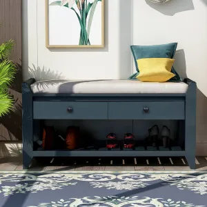 39" Entryway Antique Navy Storage Bench Shoe Rack with Cushioned Seat and 2 Drawers