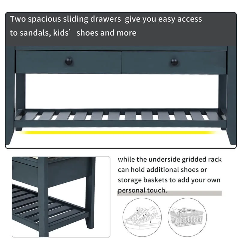 39" Entryway Antique Navy Storage Bench Shoe Rack with Cushioned Seat and 2 Drawers