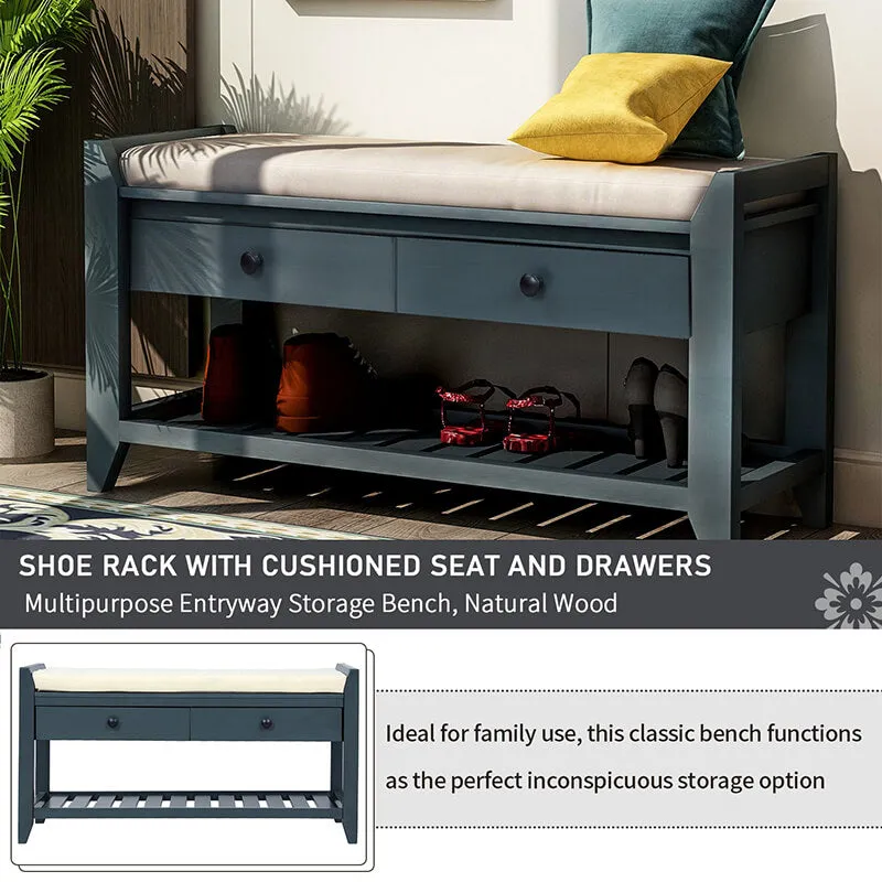 39" Entryway Antique Navy Storage Bench Shoe Rack with Cushioned Seat and 2 Drawers