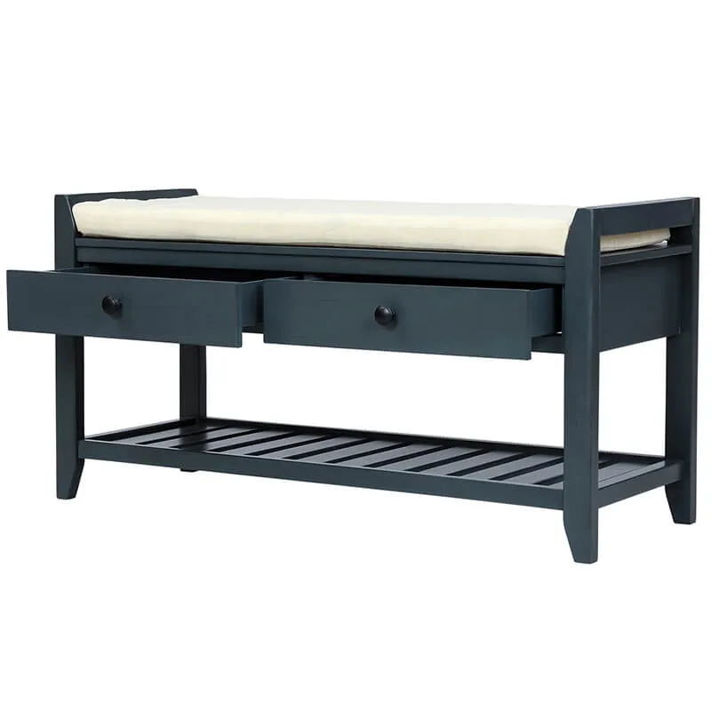39" Entryway Antique Navy Storage Bench Shoe Rack with Cushioned Seat and 2 Drawers