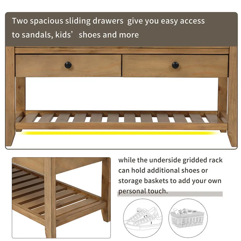 39" Entryway Old Pine Storage Bench Shoe Rack with Cushioned Seat and 2 Drawers
