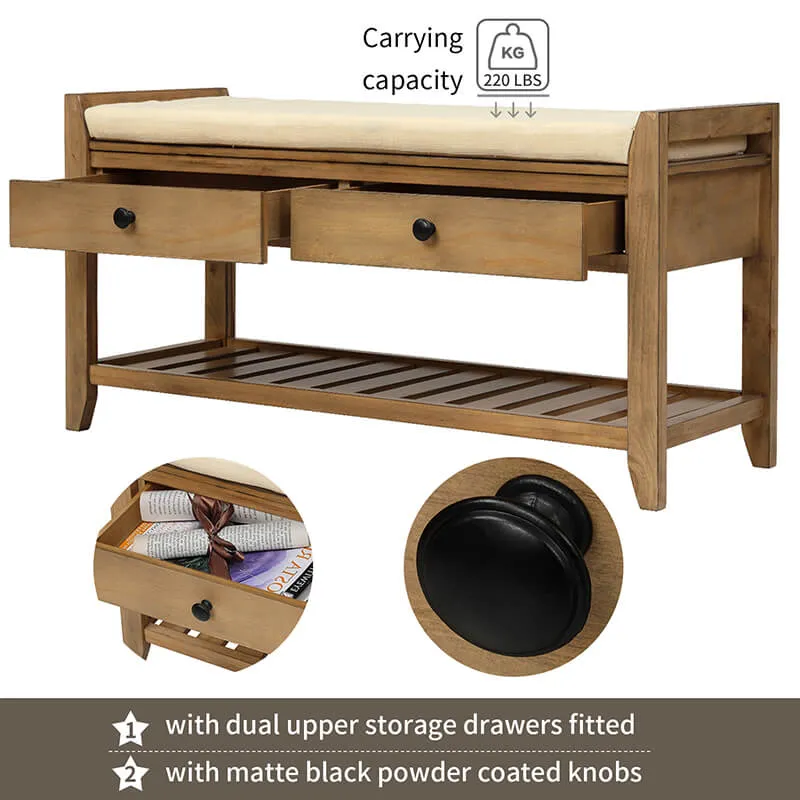 39" Entryway Old Pine Storage Bench Shoe Rack with Cushioned Seat and 2 Drawers