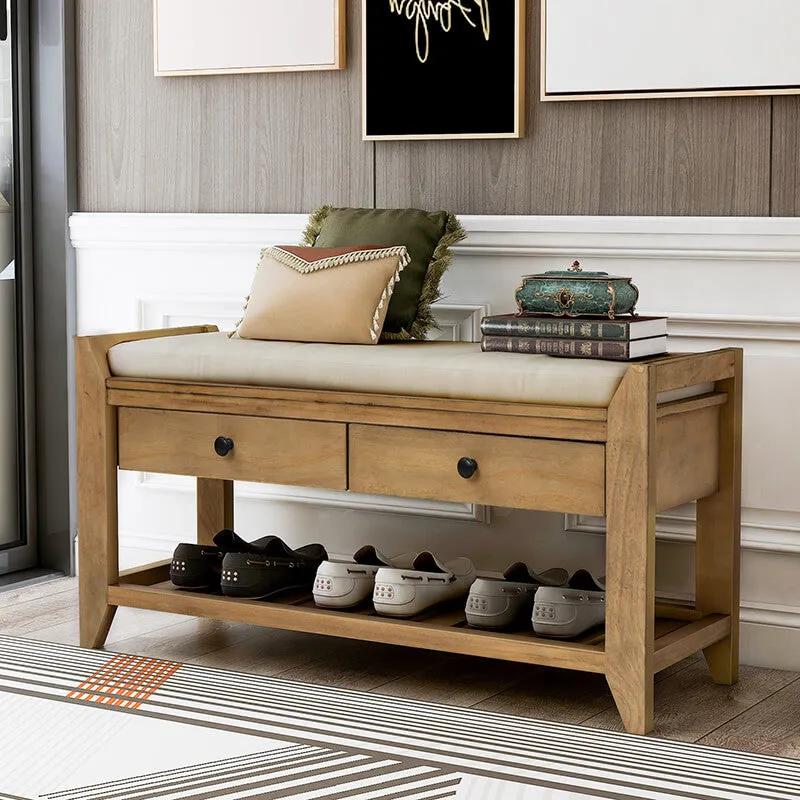 39" Entryway Old Pine Storage Bench Shoe Rack with Cushioned Seat and 2 Drawers