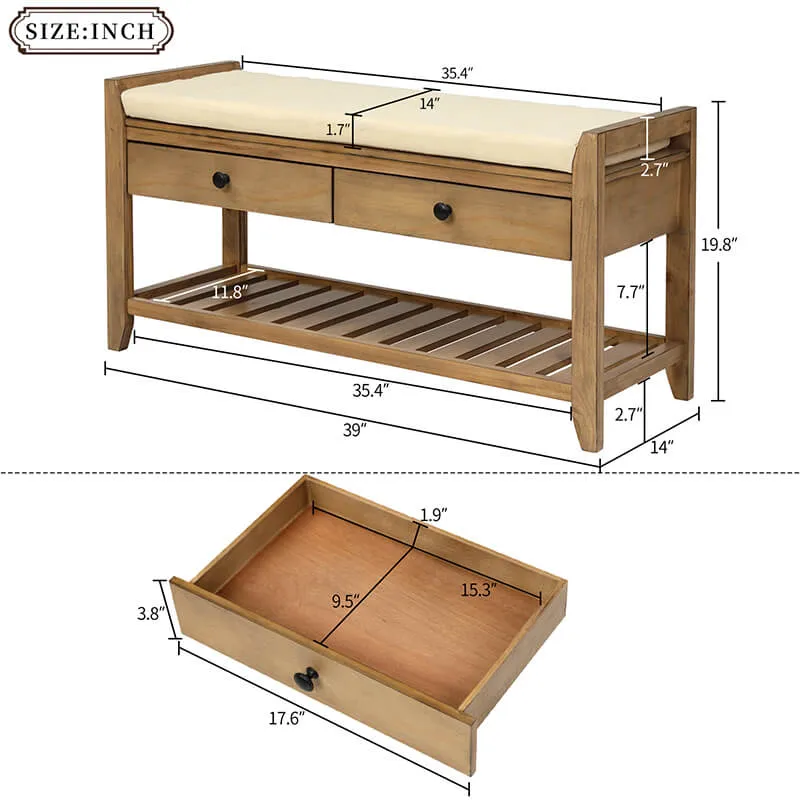 39" Entryway Old Pine Storage Bench Shoe Rack with Cushioned Seat and 2 Drawers