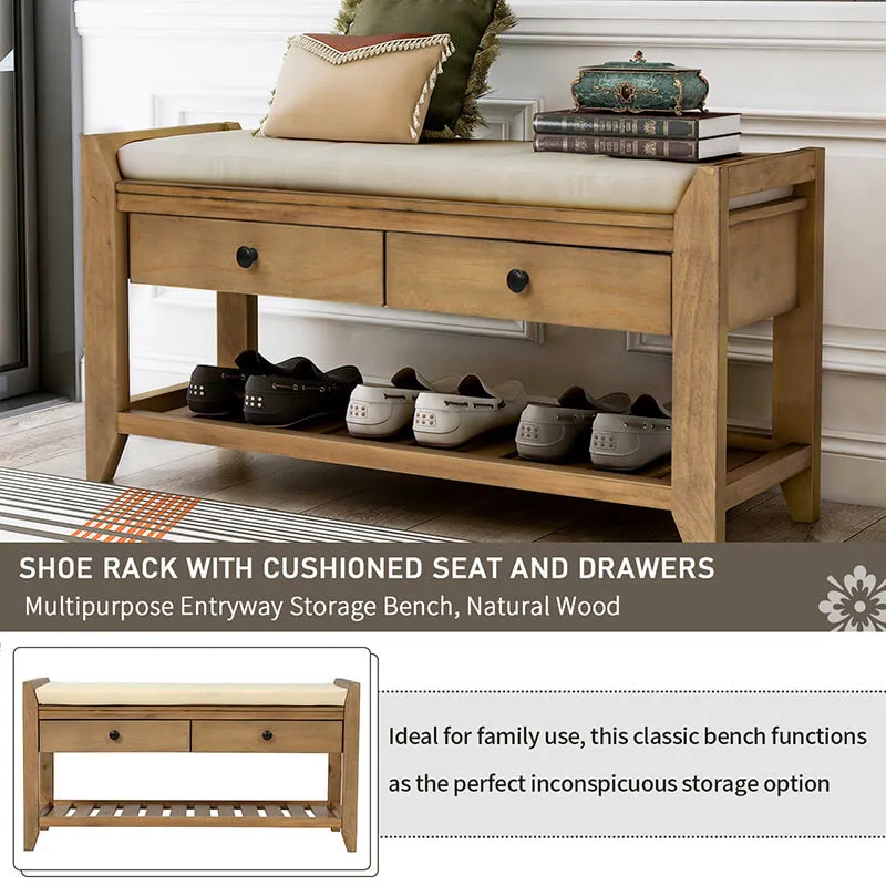 39" Entryway Old Pine Storage Bench Shoe Rack with Cushioned Seat and 2 Drawers