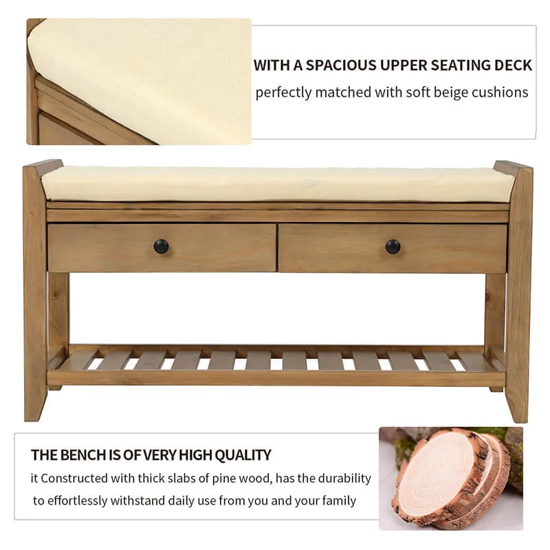 39" Entryway Old Pine Storage Bench Shoe Rack with Cushioned Seat and 2 Drawers