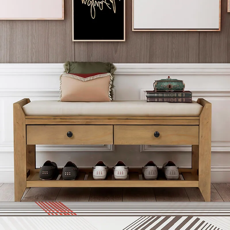 39" Entryway Old Pine Storage Bench Shoe Rack with Cushioned Seat and 2 Drawers