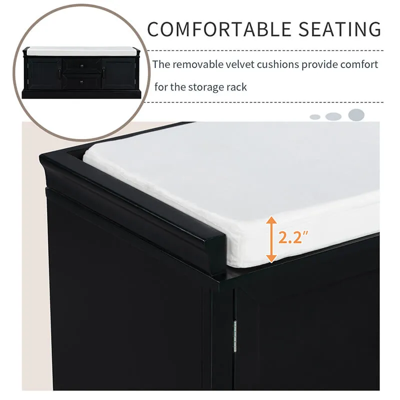 42.5" Black White Removable Cushion Shoe Storage Bench with 2 Drawers & 2 Cabinets