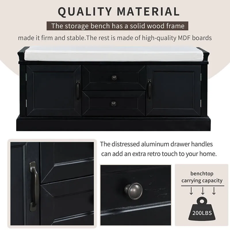 42.5" Black White Removable Cushion Shoe Storage Bench with 2 Drawers & 2 Cabinets