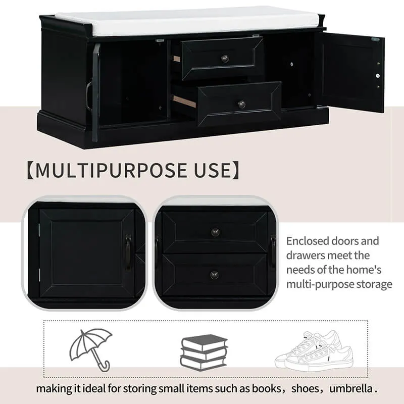 42.5" Black White Removable Cushion Shoe Storage Bench with 2 Drawers & 2 Cabinets