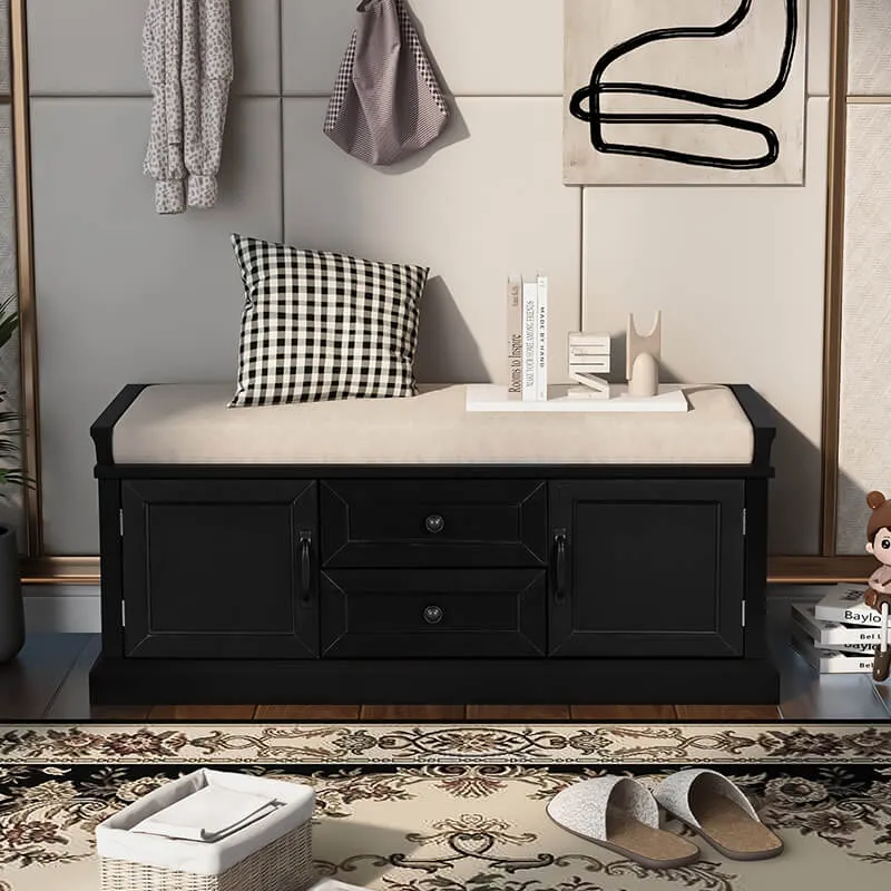 42.5" Black White Removable Cushion Shoe Storage Bench with 2 Drawers & 2 Cabinets