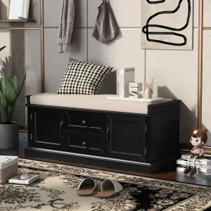 42.5" Black White Removable Cushion Shoe Storage Bench with 2 Drawers & 2 Cabinets