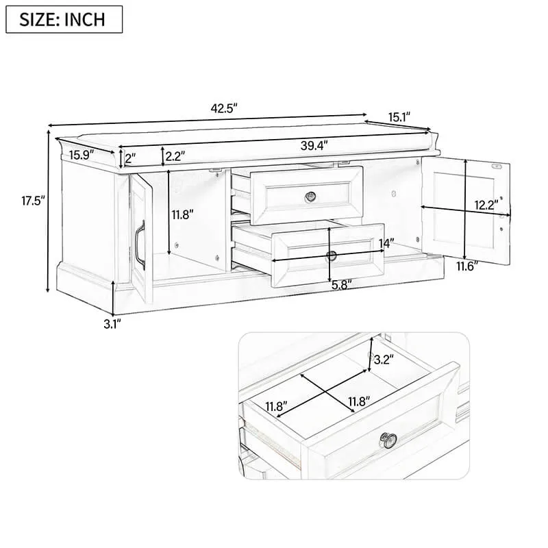 42.5" Black White Removable Cushion Shoe Storage Bench with 2 Drawers & 2 Cabinets