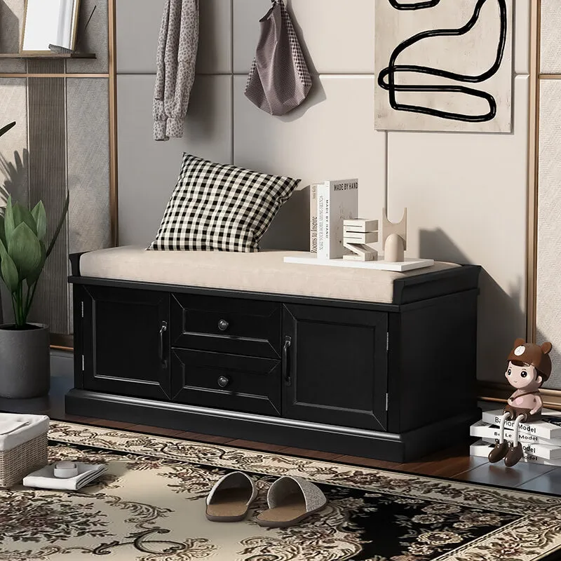 42.5" Black White Removable Cushion Shoe Storage Bench with 2 Drawers & 2 Cabinets