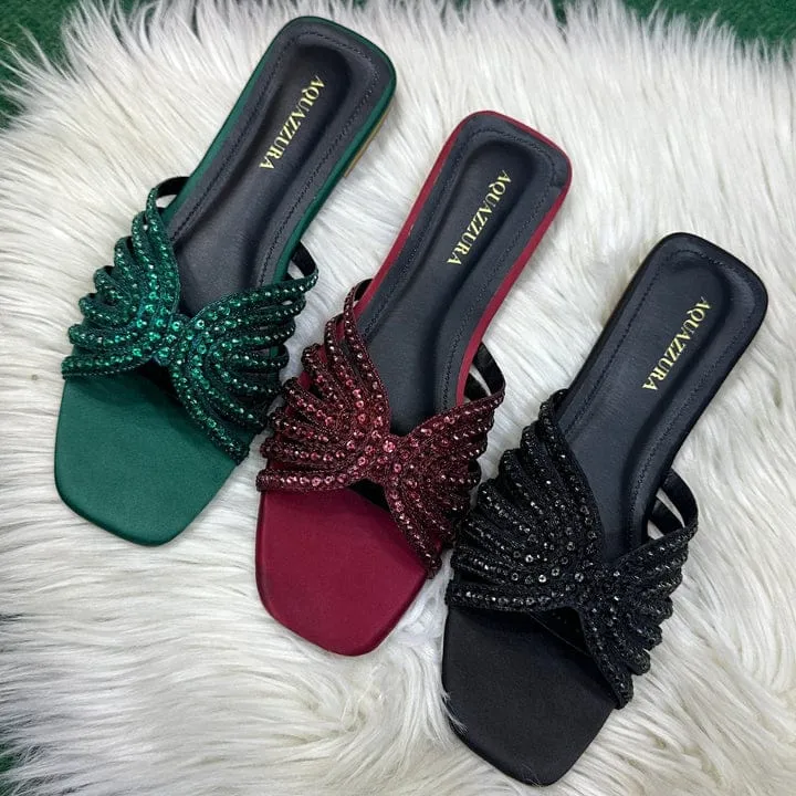 AQUAZZURA ELENA RHINESTONE FLAT SANDALS - CHERRY RED