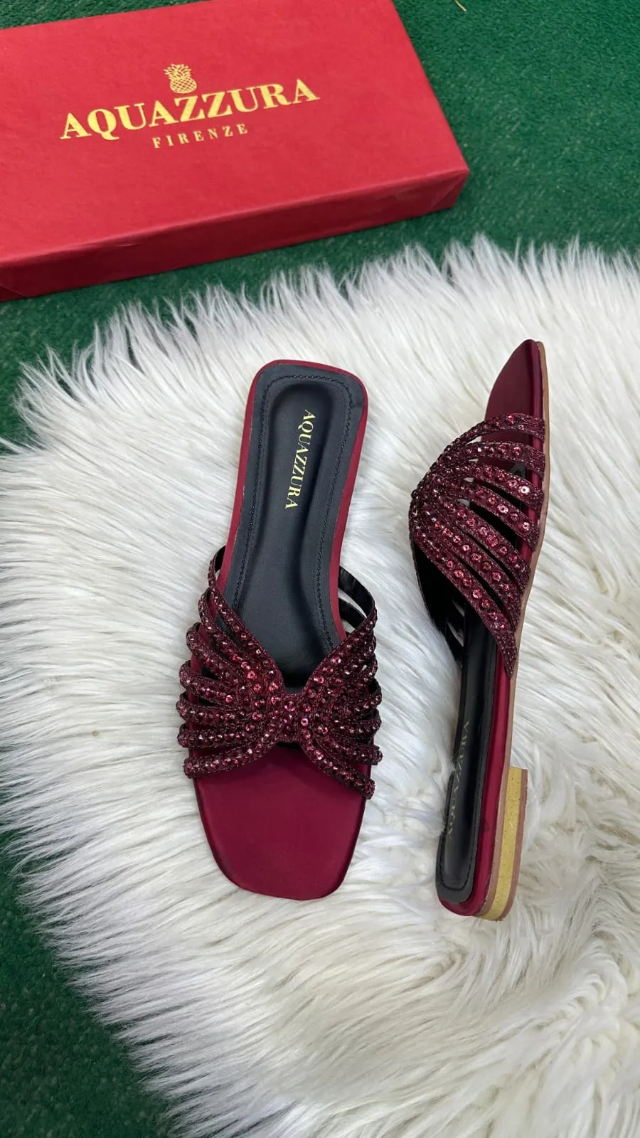 AQUAZZURA ELENA RHINESTONE FLAT SANDALS - CHERRY RED