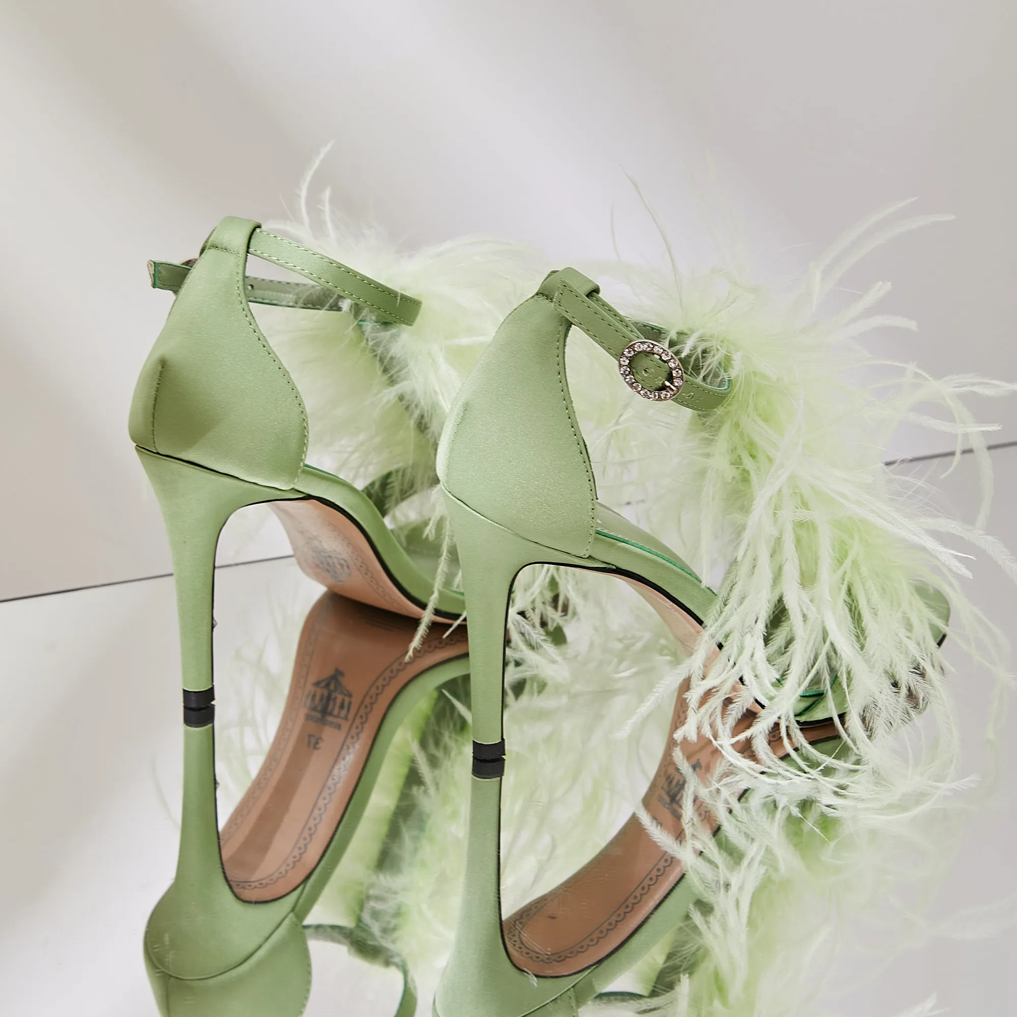 B-FEI Original Design Niche Design Romantic Feather Fruit Green Sexy High Heels Sandals- Diana