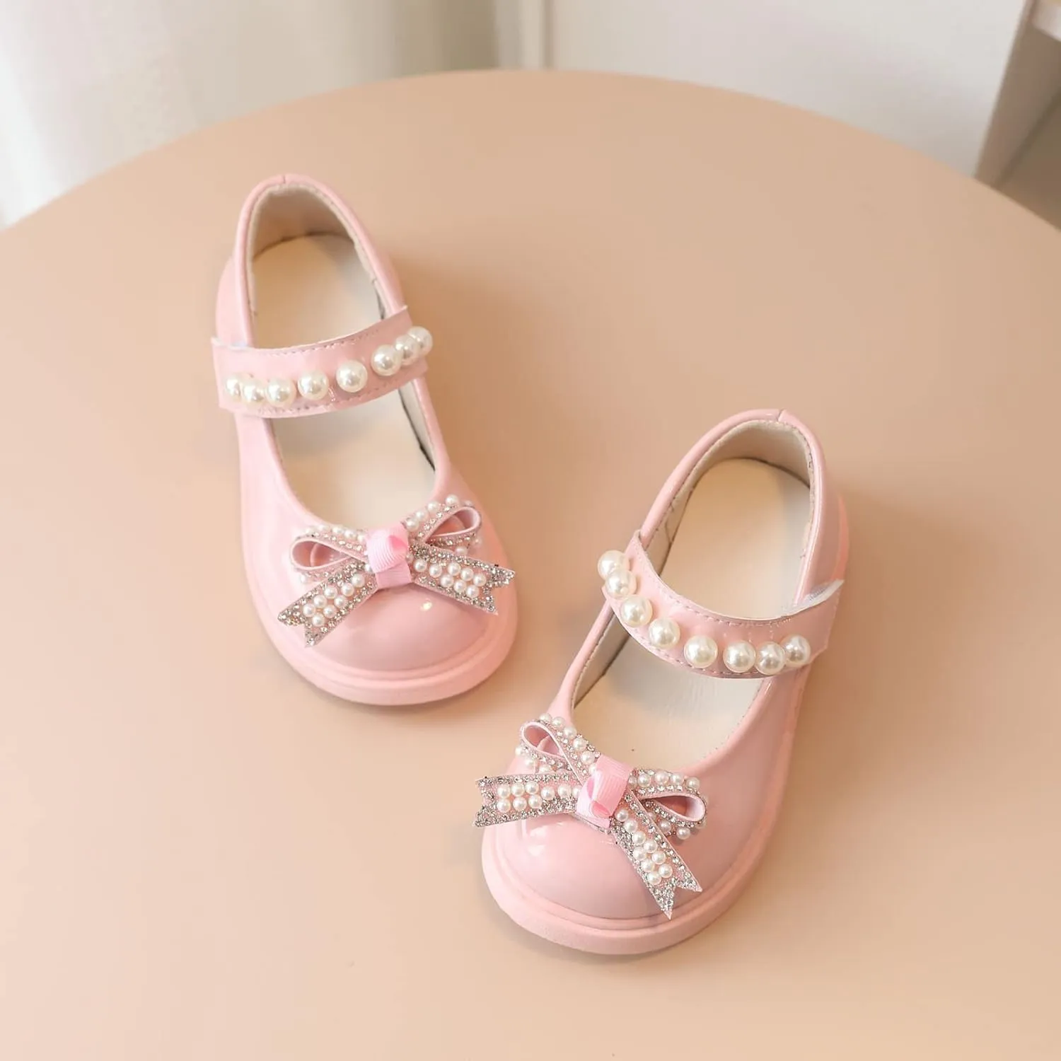 Baby Girl Knot Leather Princess Shoe Thick Soled Bowknot Embellished Sandal Hook and Loop Splicing Rhinstone Shoes