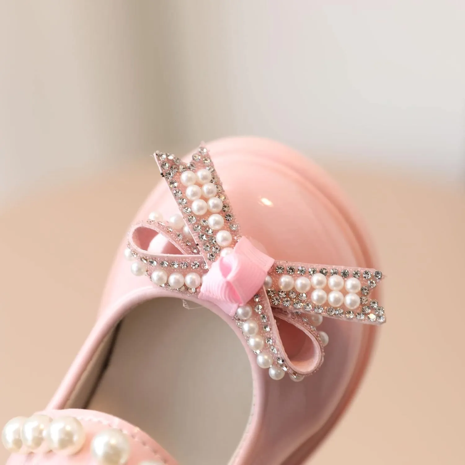 Baby Girl Knot Leather Princess Shoe Thick Soled Bowknot Embellished Sandal Hook and Loop Splicing Rhinstone Shoes