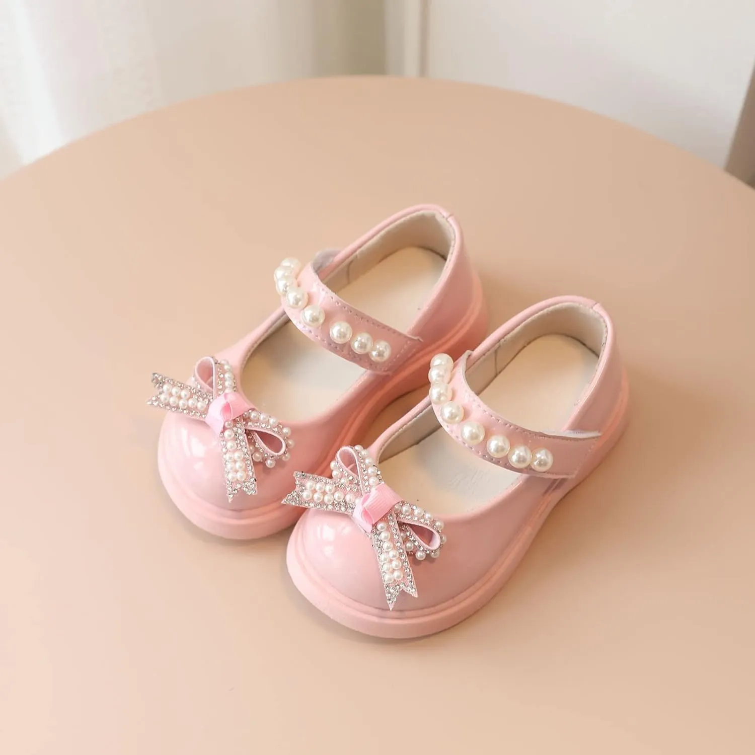 Baby Girl Knot Leather Princess Shoe Thick Soled Bowknot Embellished Sandal Hook and Loop Splicing Rhinstone Shoes