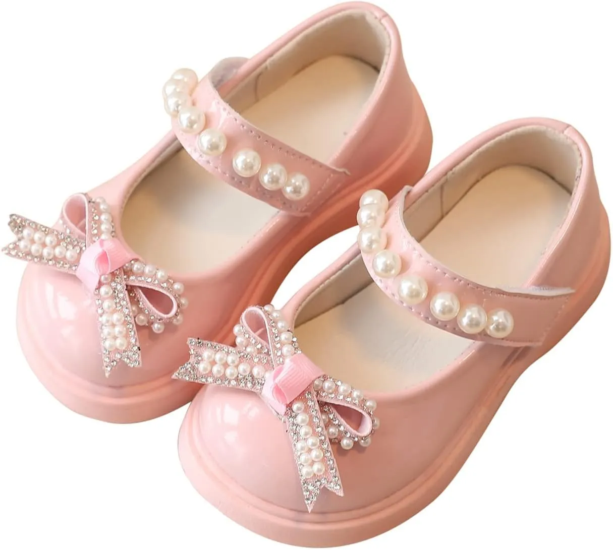 Baby Girl Knot Leather Princess Shoe Thick Soled Bowknot Embellished Sandal Hook and Loop Splicing Rhinstone Shoes
