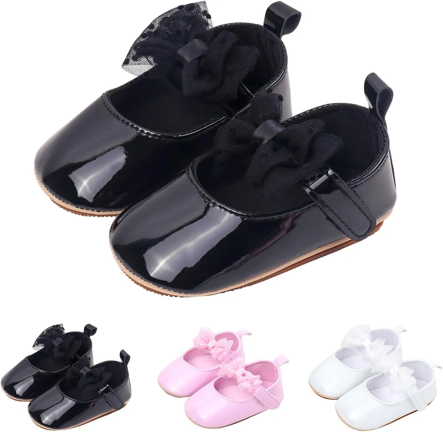 Baby Girls Summer Casual Solid Color PU Leather Sandals Toddler Infant Tulle Lace Mesh Bow Loo Heels Soft Sole Shoes