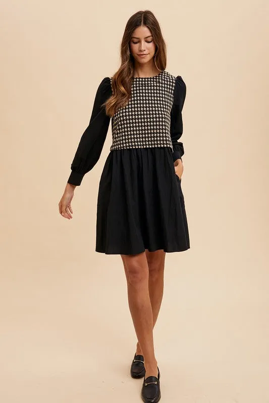 Black Tie Back Plaid Round Neck Mini Dress