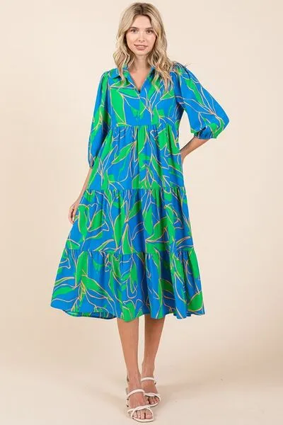Blue Tiered Printed Collared Neck Midi Dress