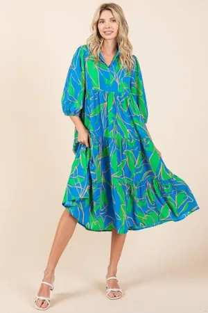 Blue Tiered Printed Collared Neck Midi Dress