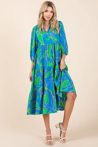 Blue Tiered Printed Collared Neck Midi Dress