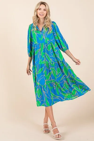 Blue Tiered Printed Collared Neck Midi Dress