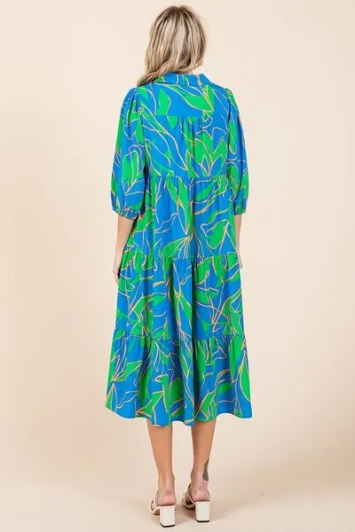 Blue Tiered Printed Collared Neck Midi Dress