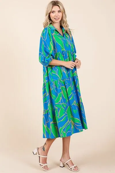 Blue Tiered Printed Collared Neck Midi Dress