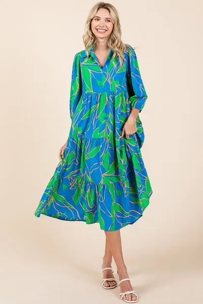 Blue Tiered Printed Collared Neck Midi Dress