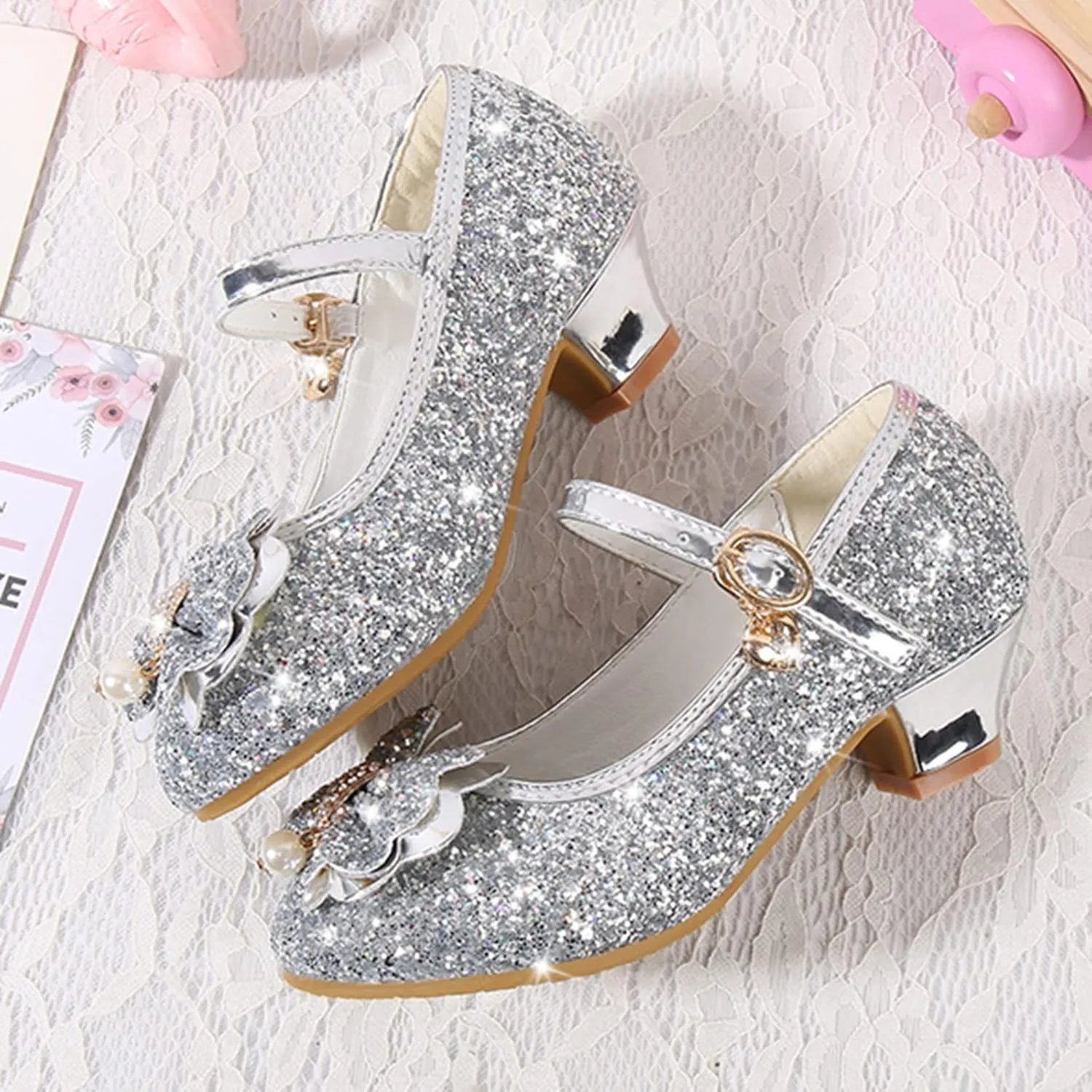Bridesmaid Flower Girls Glitter Bow Mary Jane Dress Shoes for Wedding Party School Uniform Princess Dance Shoes