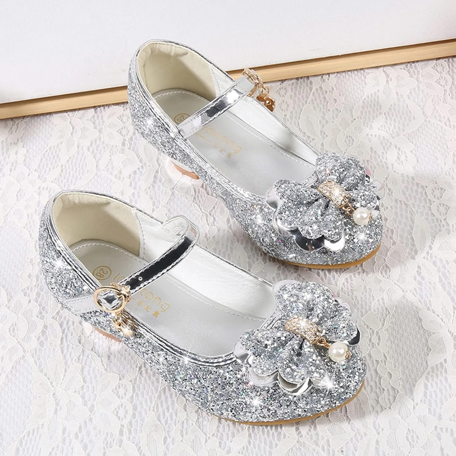 Bridesmaid Flower Girls Glitter Bow Mary Jane Dress Shoes for Wedding Party School Uniform Princess Dance Shoes