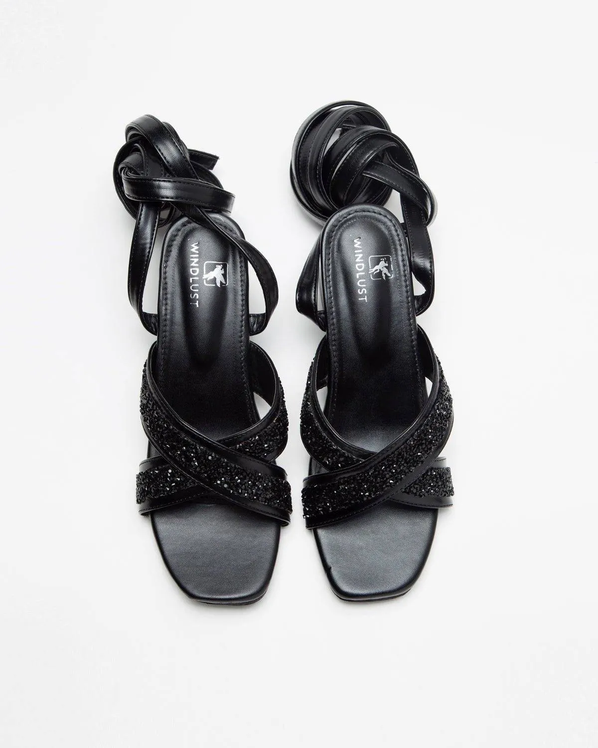 Cross Strapped Embellished Lace-Up Heels - Black