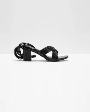 Cross Strapped Embellished Lace-Up Heels - Black