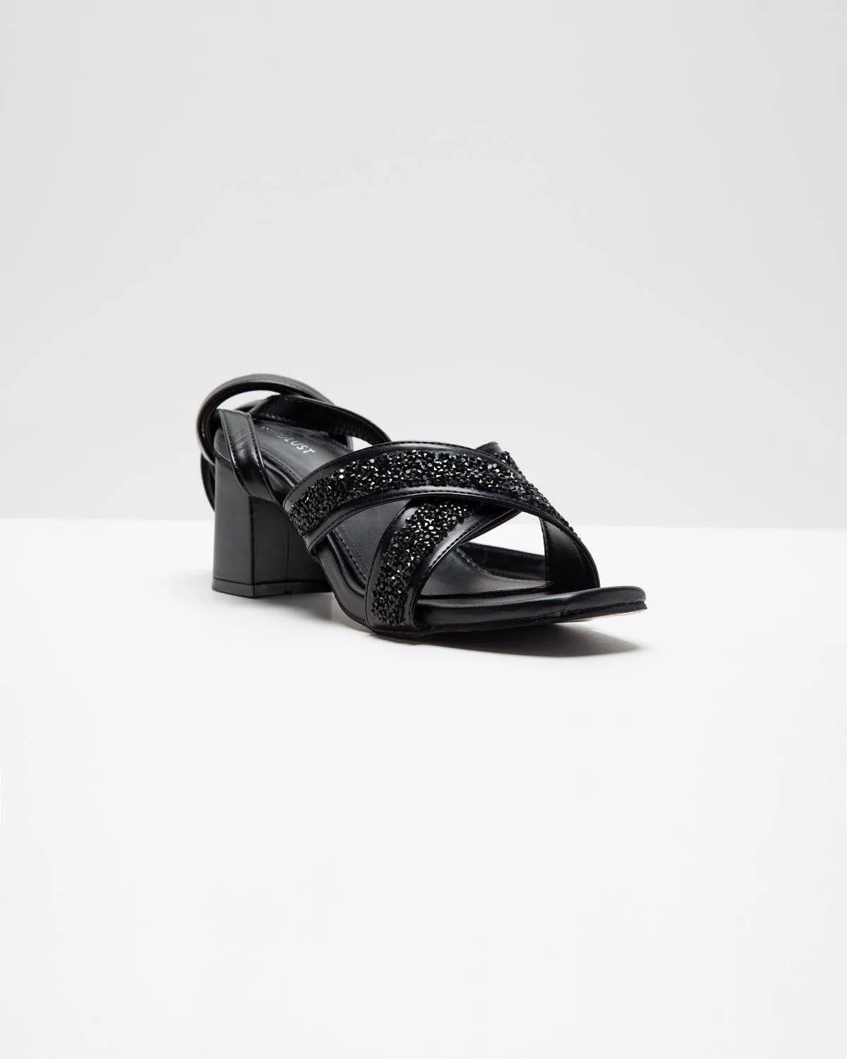 Cross Strapped Embellished Lace-Up Heels - Black