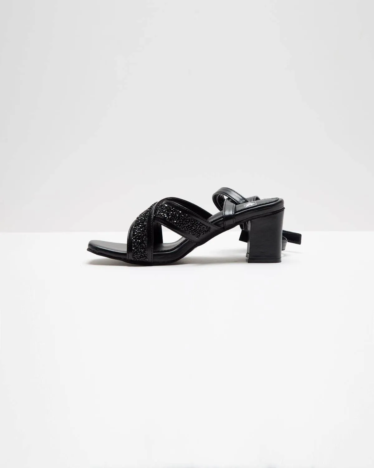 Cross Strapped Embellished Lace-Up Heels - Black