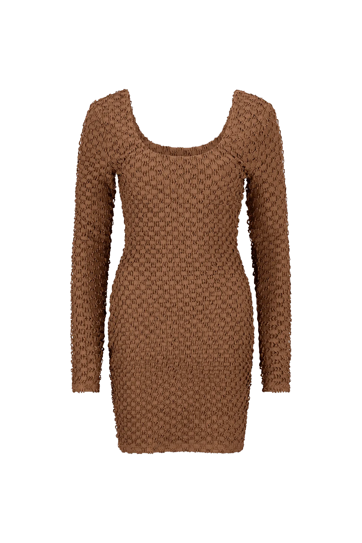 CURAAE Avery Long Sleeve Textured Fitted Scoop Mini Dress In Brown